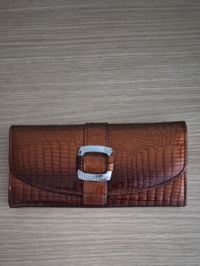 Brown Croc-Embossed Leather Wallet with Silver Buckle